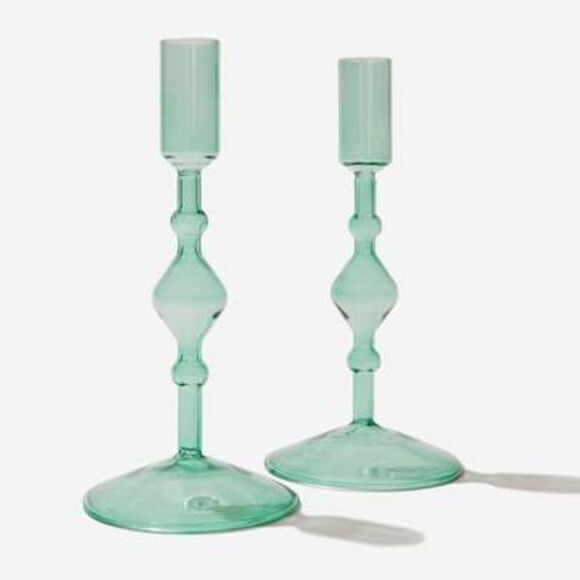 POKETO Green Glass Candlestick Holder Set of 2 - Picture 1 of 7